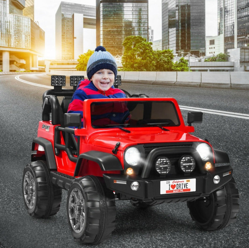 2-Seater Kids Ride-On Red Truck with Remote Control, Storage, LED Lights, and USB Port Magic Cars 2