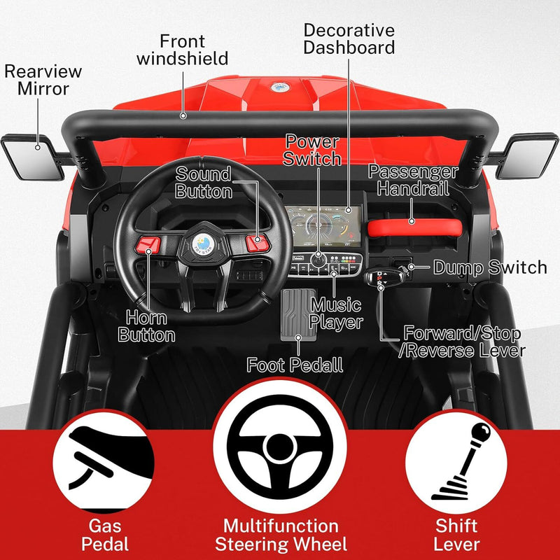 24V Kids Ride-On UTV Truck with Remote Control, 2 Seats, Dump Bed, 6 Wheels, Red Magic Cars 2