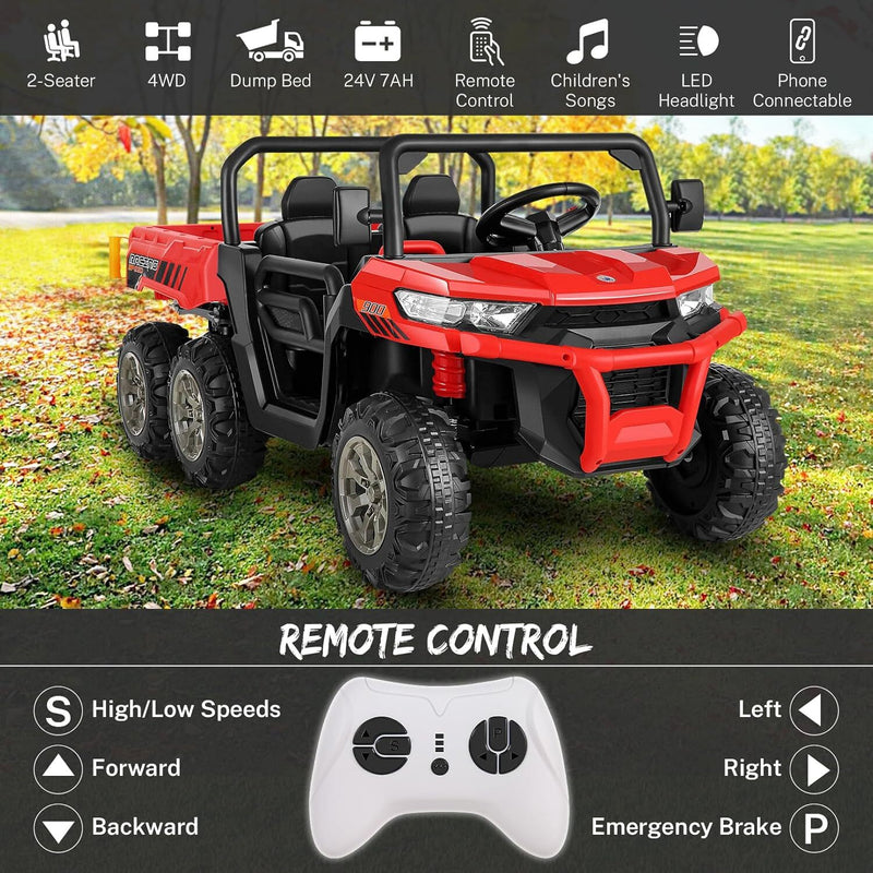 24V Kids Ride-On UTV Truck with Remote Control, 2 Seats, Dump Bed, 6 Wheels, Red Magic Cars 3