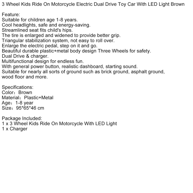 Electric 3-Wheel Ride-On Motorcycle for Kids with Dual Drive and LED Lights Brown Magic Cars 8