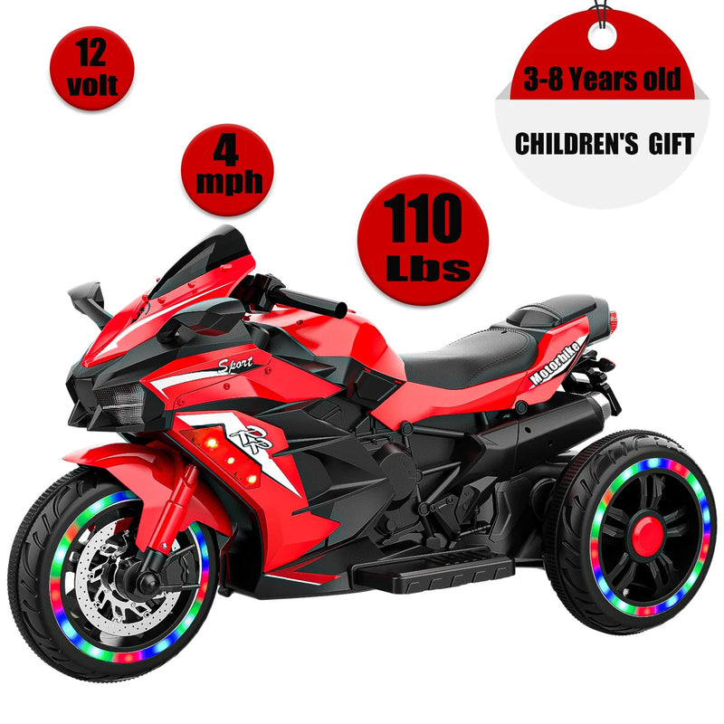 12V Red Kids Electric Ride-On Motorcycle with 3 Wheels and LED Lights Magic Cars 4
