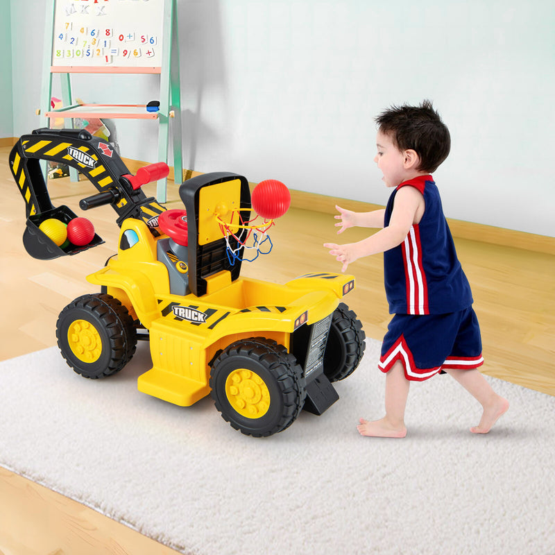 6V Kids Electric Excavator Tractor Ride-On with Storage Compartment and Basketball Hoop Magic Cars 3