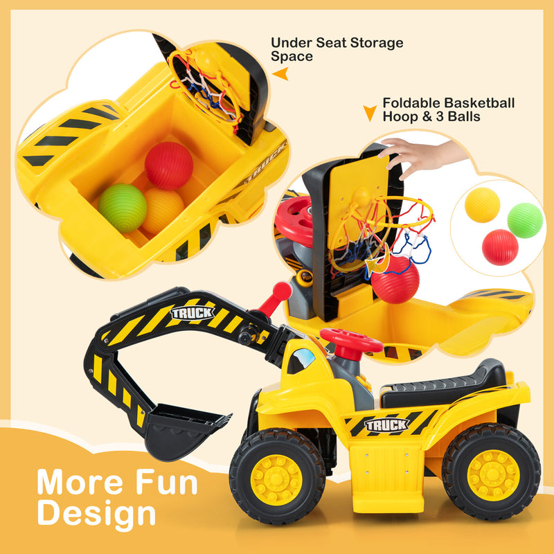 6V Kids Electric Excavator Tractor Ride-On with Storage Compartment and Basketball Hoop Magic Cars 6