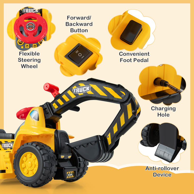 6V Kids Electric Excavator Tractor Ride-On with Storage Compartment and Basketball Hoop Magic Cars 7