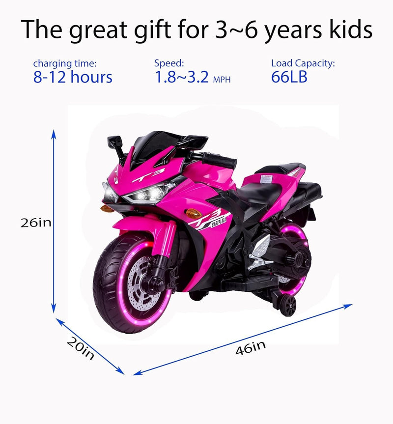 Electric Kids Motorcycle with Training Wheels for Boys and Girls Ages 3-8, Pink Magic Cars 1