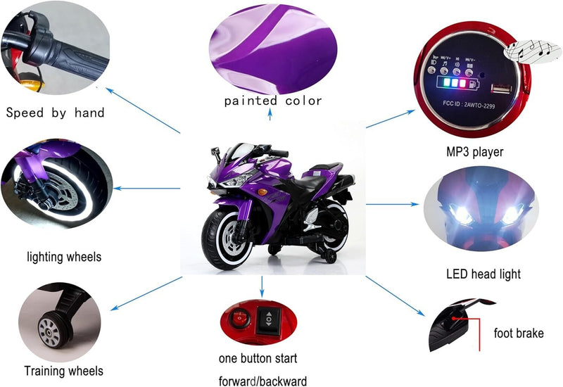 Electric Kids Motorcycle with Training Wheels for Ages 3-8, Purple Magic Cars 2