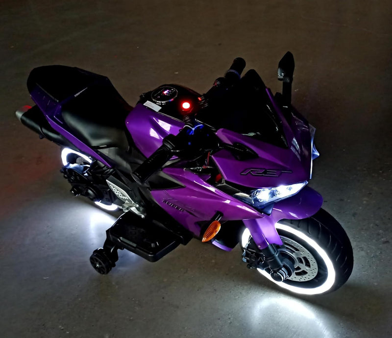 Electric Kids Motorcycle with Training Wheels for Ages 3-8, Purple Magic Cars 3