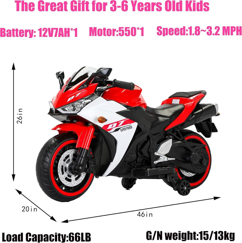 Electric Kids Motorcycle with Wheels and Music for Boys and Girls Ages 3-8, Red Magic Cars 3