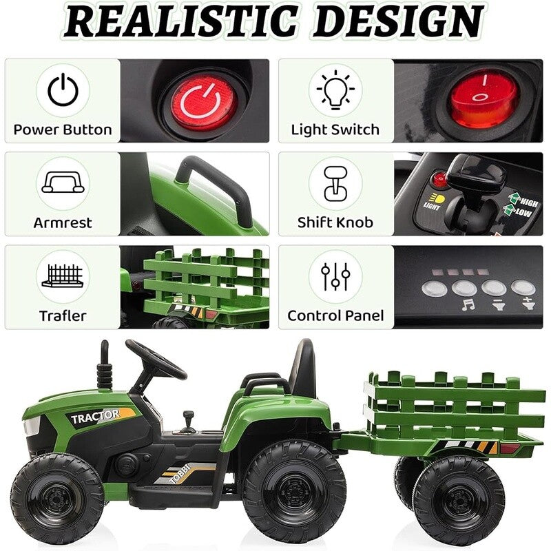 12V Battery-Powered Kids Electric Ride-On Tractor with Trailer and LED Lights Magic Cars 2