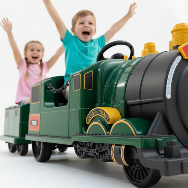 Two happy children riding a green electric Classic Railroad ride-on train toy with their arms raised in excitement. The train is trackless so it can ride anywhere.