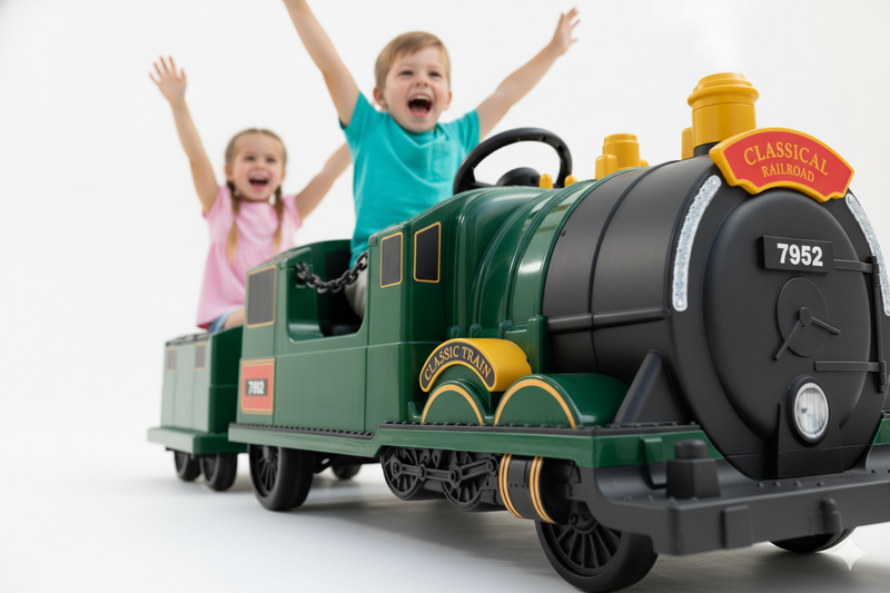 Two happy children riding a green electric Classic Railroad ride-on train toy with their arms raised in excitement. The train is trackless so it can ride anywhere.