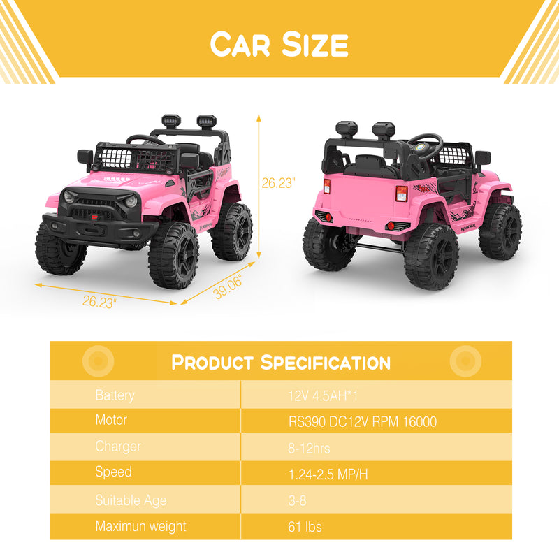 12V Pink Kids Electric Ride-On Truck with Remote Control Battery Powered Car Magic Cars 1