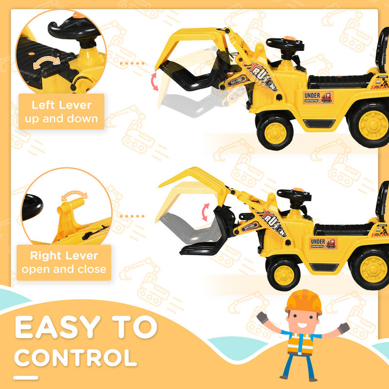 Kids Ride-On Excavator with Pull Cart and Sound Effects, Sit-and-Scoot Digger Toy Magic Cars 3
