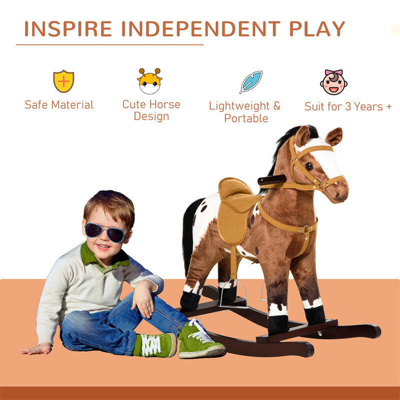 Deluxe Metal Ride-On Rocking Horse Chair for Kids with Sound Effects Dark Brown Magic Cars 3