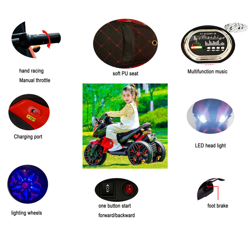 Kids 3-Wheel Battery-Powered Motorcycle with PU Seat and Training Wheels Magic Cars 7