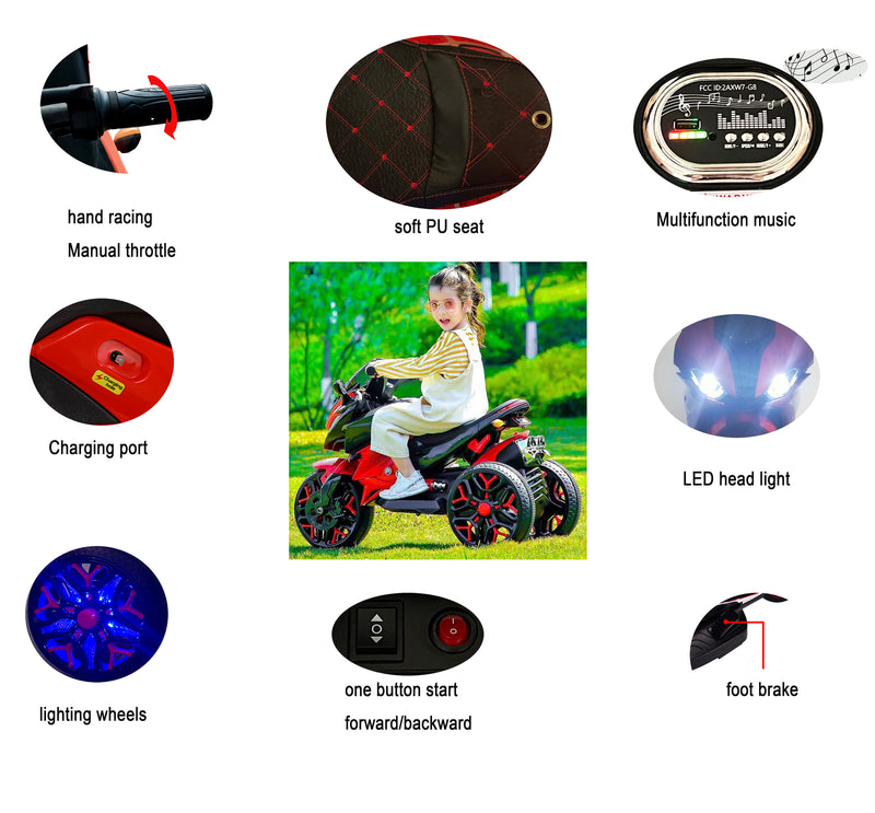 Rechargeable Kids Ride-On Motorcycle with 3 Light-Up Wheels and Training Wheels Magic Cars 6