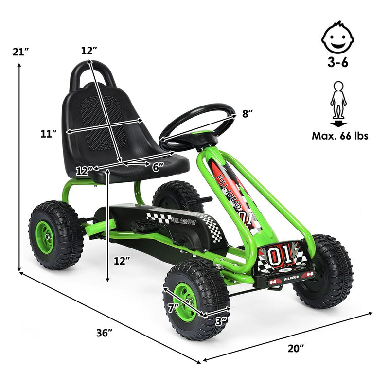 Kids Pedal Go-Kart with 4 Wheels, Adjustable Seat, and Handbrake - Green Magic Cars 1