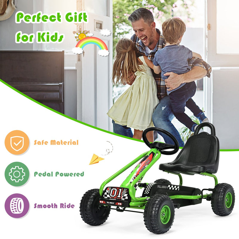Kids Pedal Go-Kart with 4 Wheels, Adjustable Seat, and Handbrake - Green Magic Cars 4