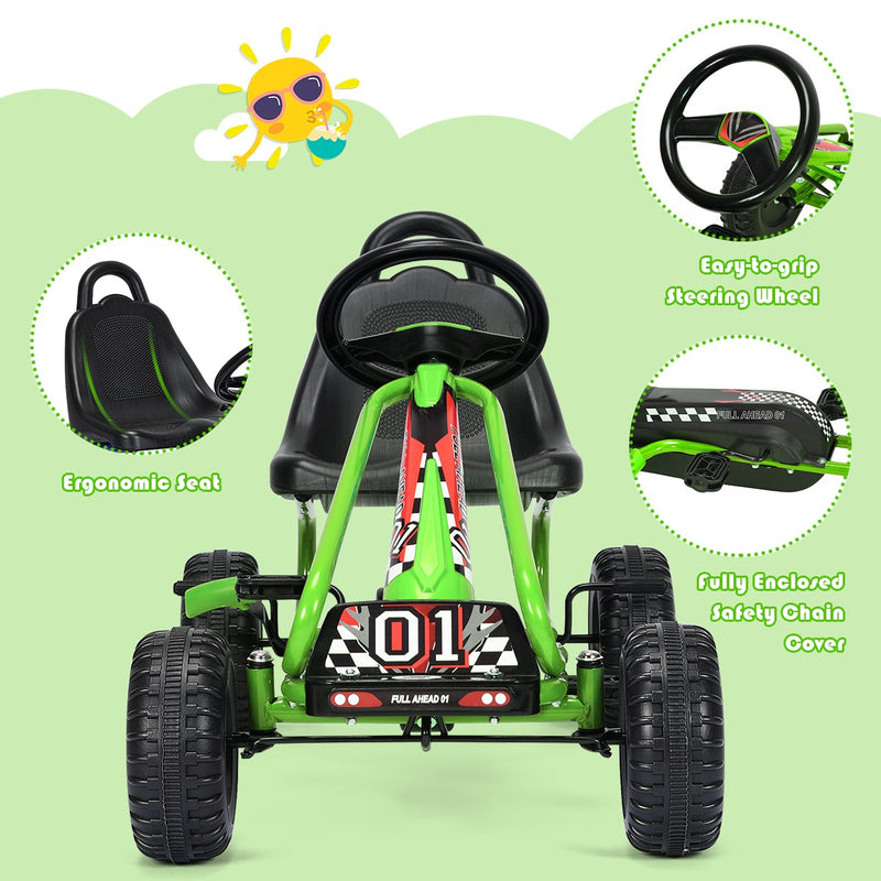 Kids Pedal Go-Kart with 4 Wheels, Adjustable Seat, and Handbrake - Green Magic Cars 5