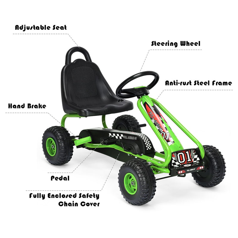 Kids Pedal Go-Kart with 4 Wheels, Adjustable Seat, and Handbrake - Green Magic Cars 8