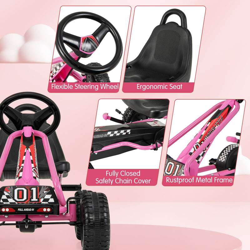 Kids Pedal Go-Kart with Adjustable Seat and Handbrake, 4-Wheel Ride-On Toy, Red Magic Cars 3