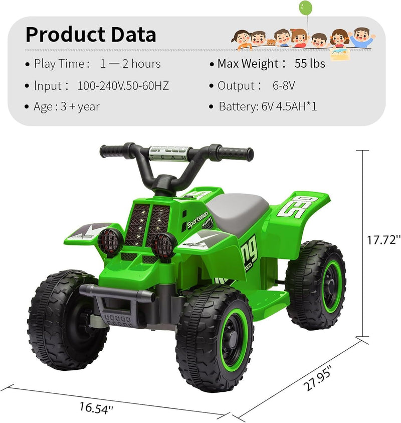 Kids Ride-On ATV Car with LED Headlights for Ages 3-8 Boys and Girls Green Magic Cars 3