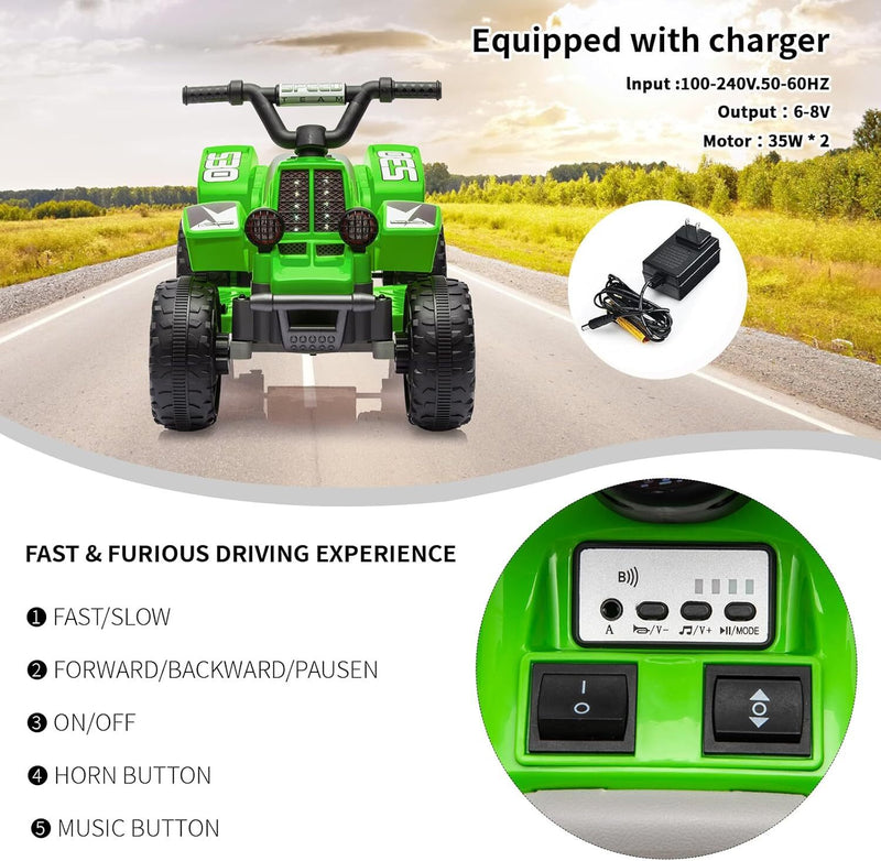 Kids Ride-On ATV Car with LED Headlights for Ages 3-8 Boys and Girls Green Magic Cars 5