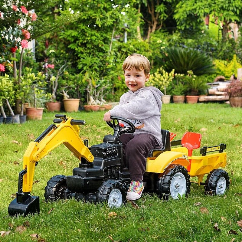 Kids Ride-On Excavator Truck Toy with Pedal, Horn, and Detachable Trailer Magic Cars 1