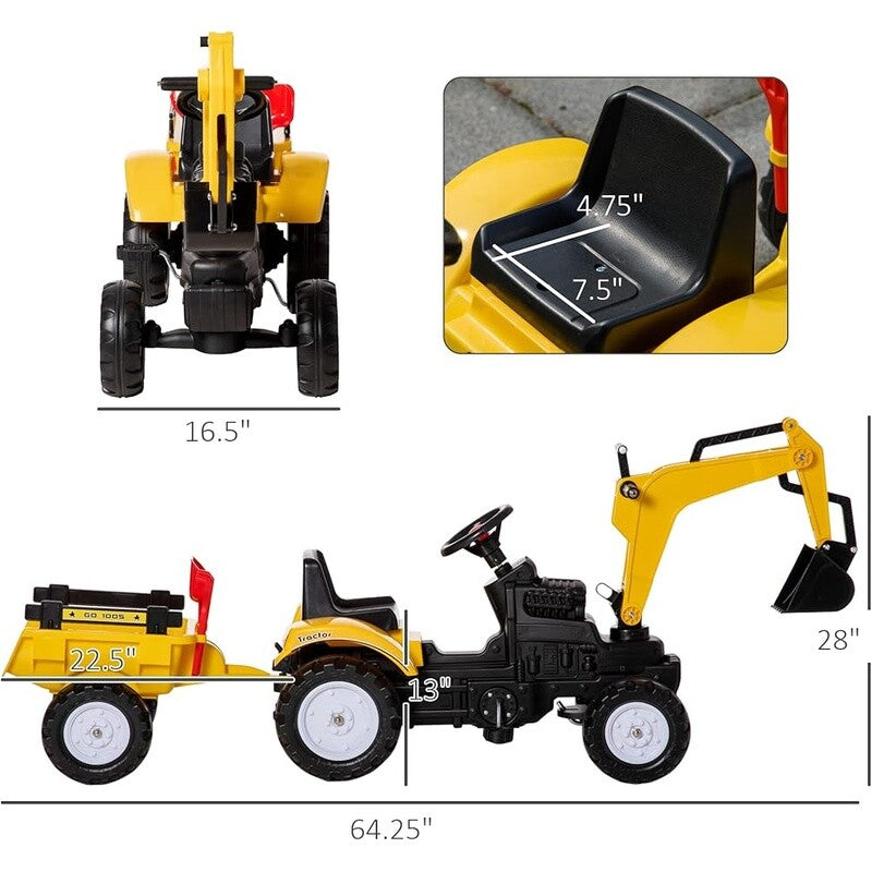 Kids Ride-On Excavator Truck Toy with Pedal, Horn, and Detachable Trailer Magic Cars 6