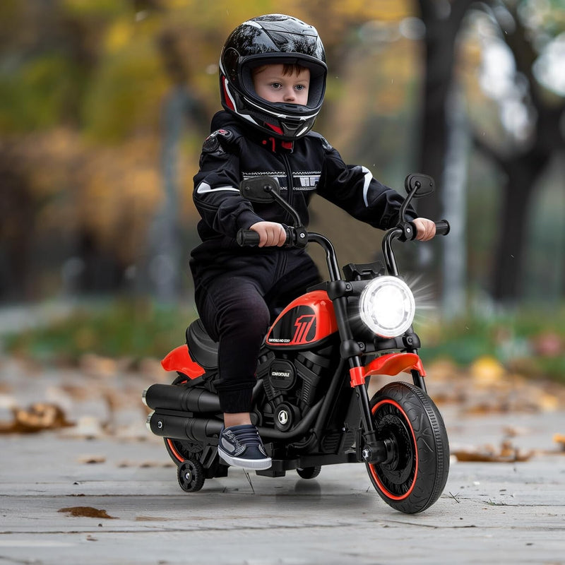 Electric Ride-On Motorcycle for Kids with Training Wheels and LED Headlights, Red, Ages 2+ Magic Cars 1