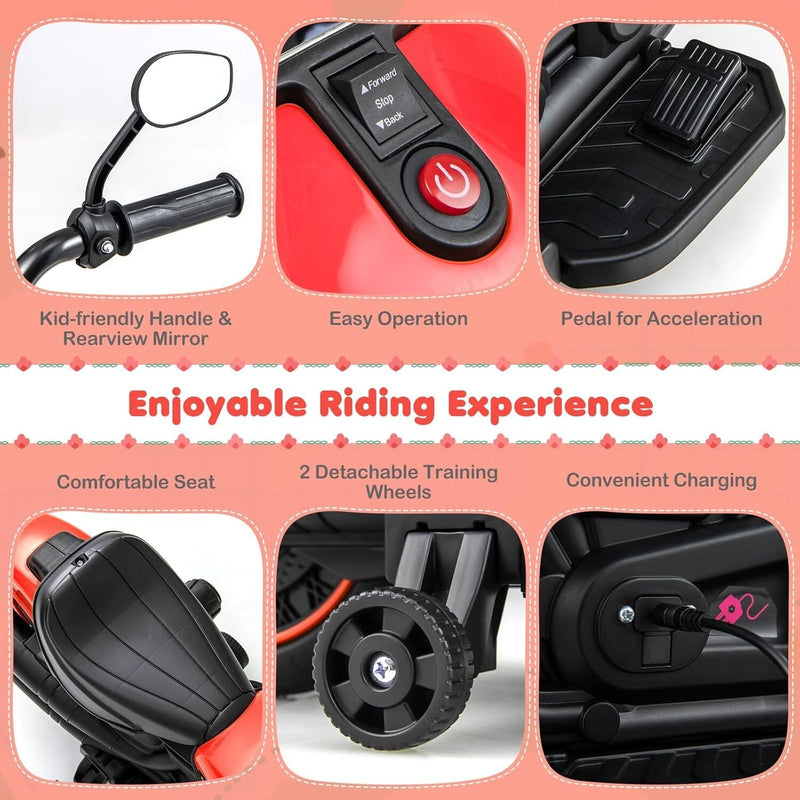 Electric Ride-On Motorcycle for Kids with Training Wheels and LED Headlights, Red, Ages 2+ Magic Cars 2