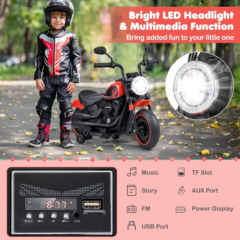 Electric Ride-On Motorcycle for Kids with Training Wheels and LED Headlights, Red, Ages 2+ Magic Cars 3