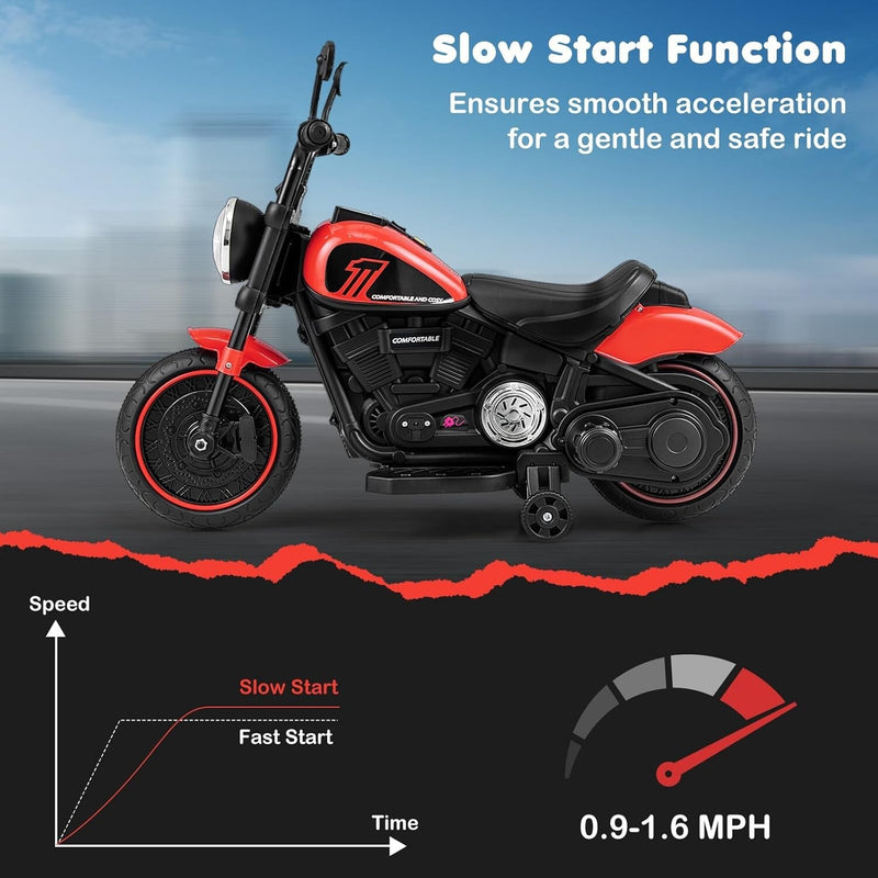 Electric Ride-On Motorcycle for Kids with Training Wheels and LED Headlights, Red, Ages 2+ Magic Cars 4