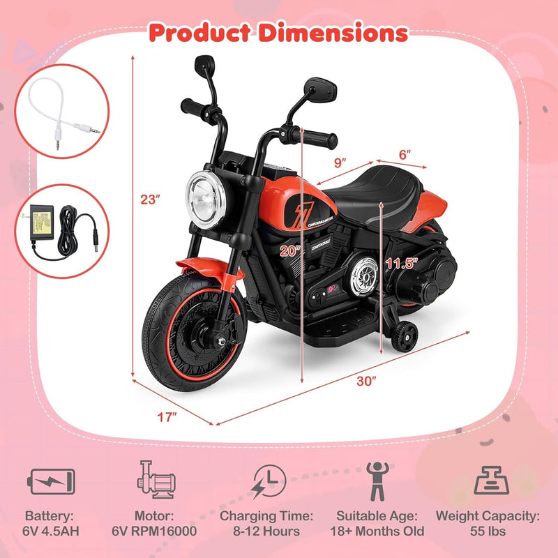 Electric Ride-On Motorcycle for Kids with Training Wheels and LED Headlights, Red, Ages 2+ Magic Cars 5