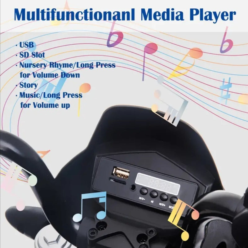 Electric Kids Ride-On Motorcycle with Training Wheels, Lights, Sounds, and Music Magic Cars 4