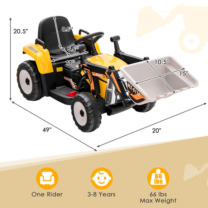12V Battery-Powered Kids Ride-On Excavator Loader Digger with Adjustable Arm Yellow Magic Cars 1