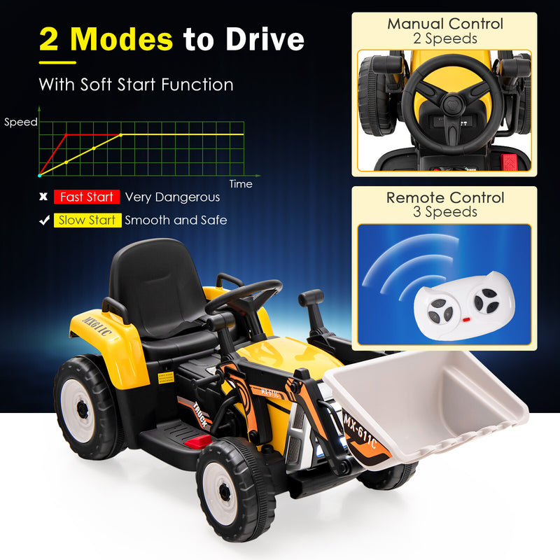 12V Battery-Powered Kids Ride-On Excavator Loader Digger with Adjustable Arm Yellow Magic Cars 5