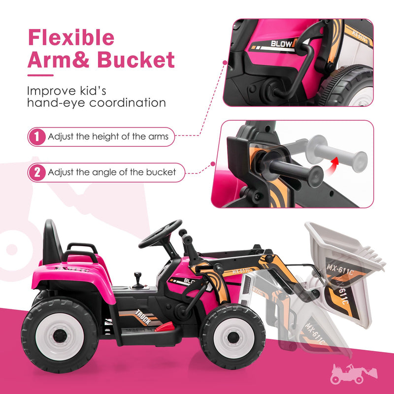 12V Pink Electric Ride-On RC Kids Excavator Digger Tractor with Digging Bucket Magic Cars 4