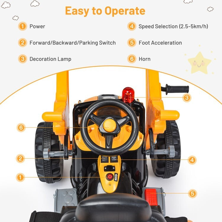 12V Battery-Powered Kids Ride-On Yellow Excavator Truck with Front Loader Digger Magic Cars 2