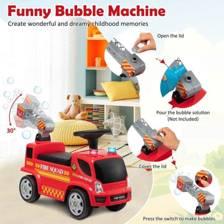Toddler Ride-On Fire Truck with Bubbles, Headlights, Sliding and Push Walker Features Magic Cars 6