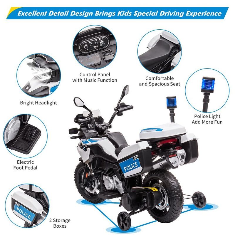 12V Kids Police Ride-On Motorcycle with 7Ah Battery, Training Wheels, and Storage Box Magic Cars 3