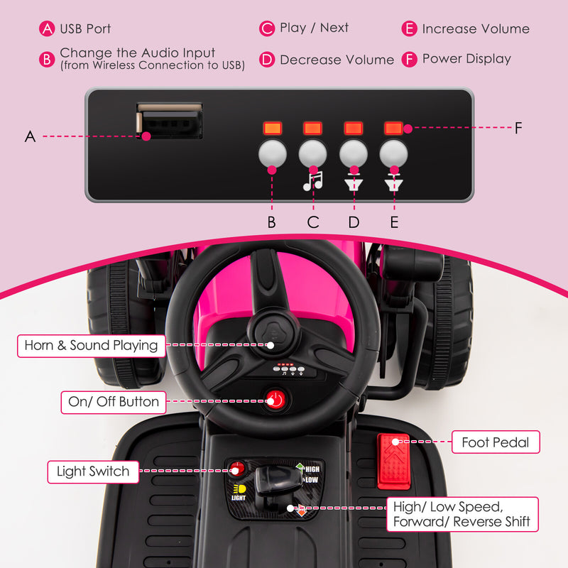 12V Kids Electric Ride-On Tractor with Remote Control, LED Lights, and Music – Pink Magic Cars 6