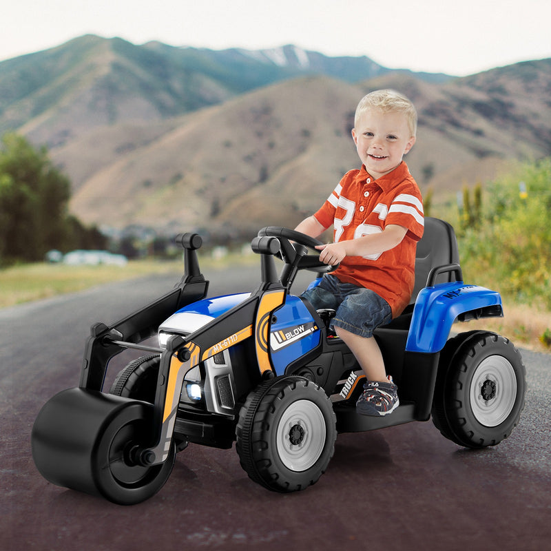 12V Kids Electric Ride-On Tractor with Remote, Music, and LED Lights in Blue Magic Cars 3