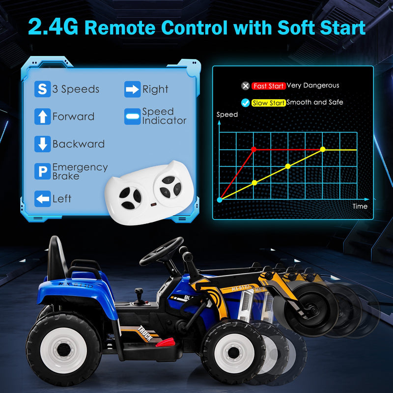 12V Kids Electric Ride-On Tractor with Remote, Music, and LED Lights in Blue Magic Cars 5