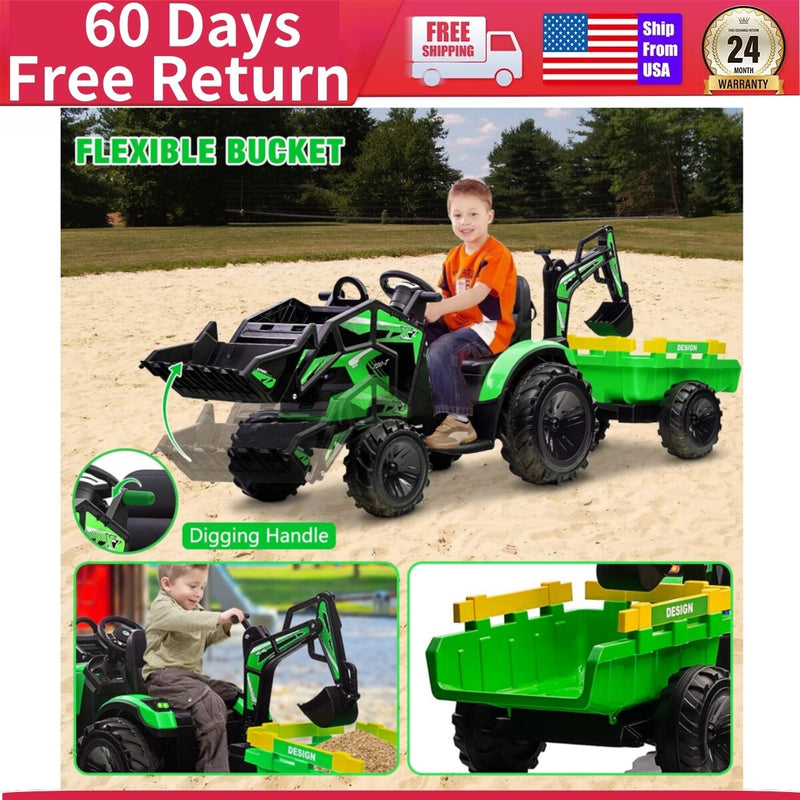Kids Electric Ride-On Tractor Excavator Bulldozer Vehicle with Trailer and LED Lights Magic Cars 0