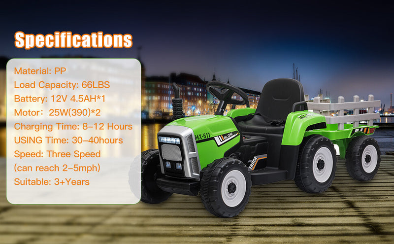 12V Battery-Powered Kids Ride-On Electric Tractor with Trailer and Remote Control Magic Cars 20