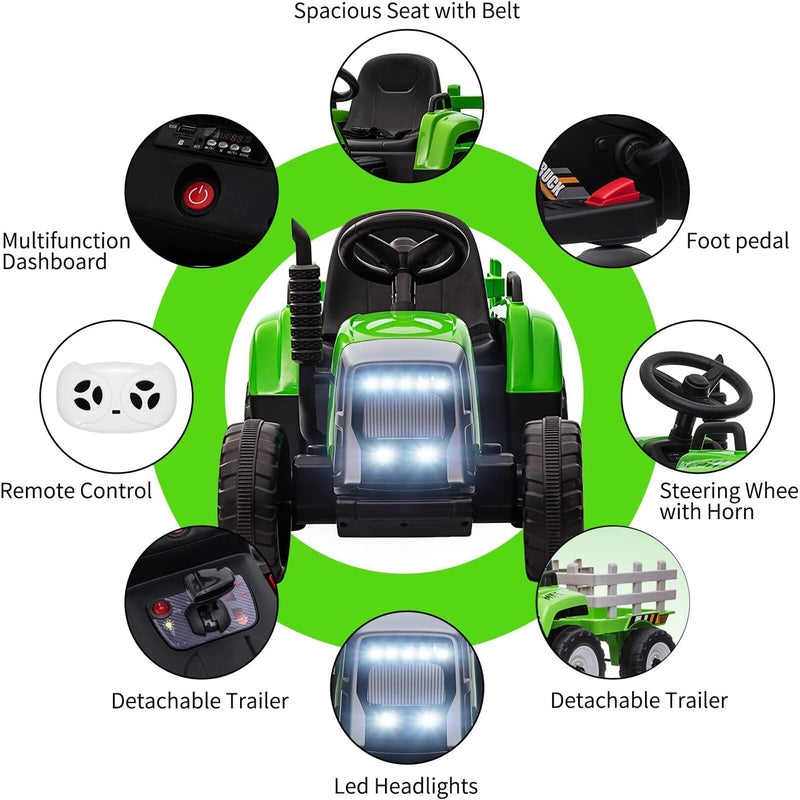 12V Battery Powered Kids Ride-On Tractor with Trailer, Remote Control and LED Lights Magic Cars 12