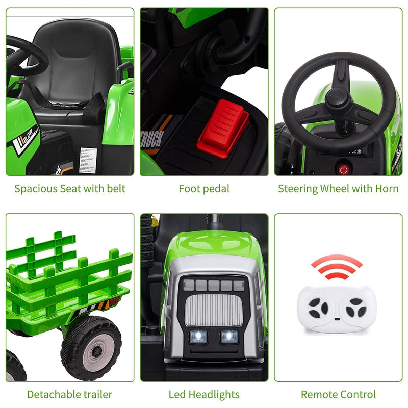 12V Kids Ride-On Tractor with Green Trailer and Remote Control Battery-Powered Toy Magic Cars 1