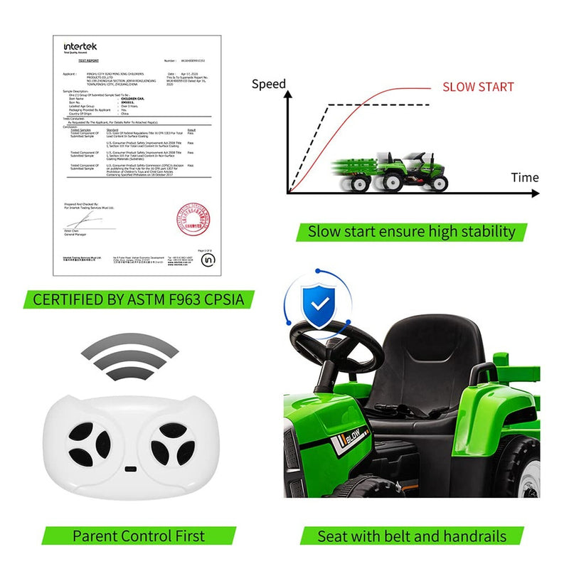 12V Kids Ride-On Tractor with Green Trailer and Remote Control Battery-Powered Toy Magic Cars 3