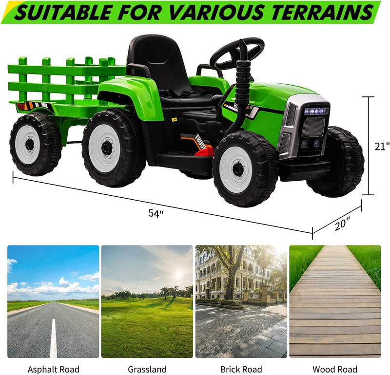 12V Kids Ride-On Tractor with Green Trailer and Remote Control Battery-Powered Toy Magic Cars 4